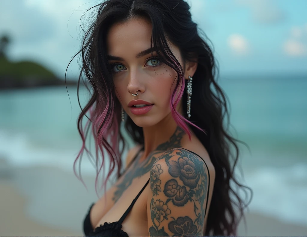 distant view delicate woman,full body. model face,diamond shape, grey-blue eyes, black shadow, seductive look, long black hair with pink and white highlights, SEPTUM,earrings, tattooed in the background of the beach in underwear perfect ass perfect legs big breasts