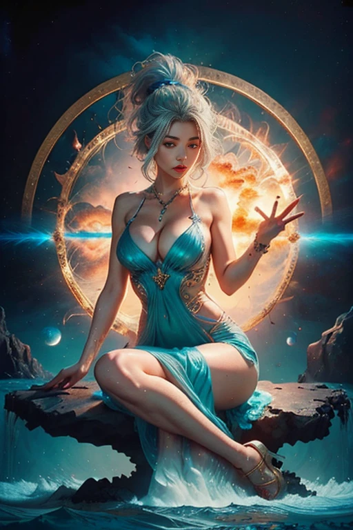 Half naked Tia is shown to have a fairly slender figure. She has white-grey hair , she has short hair and large pale green eyes, Immortal goddess, super beautiful, 8k, super big breasts, meditating, sitting cross-legged, golden glowing magic circle rotating behind her, blue magical aura surrounding her parts, magical blue pink yellow fire, fantasy, milky way background, (4 elements, fire, water, wind, earth, surround it), sexy transparent dress, perfect beautiful cleavage,navel visible, toned abs, planet lines, too long bleached hair, ponytail, sitting on the big rock,