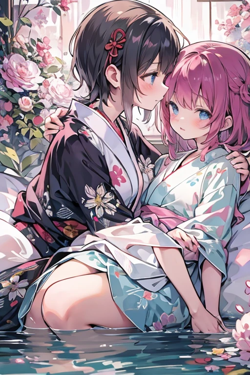 (8 (8k, Highest quality, masterpiece:1.2),cute,cute女の子たち,Couple girls,2 people，お腹にkissをする，mesugaki,Fantasy_world,kiss,On the futon，lie down，Yukata with a short hem，Touching each other&#39;s breasts through clothes，Beautiful thighs，Gentle caress，Heavy breathing，White liquid splashed on face，お腹にディープkiss，starry skies，night，White liquid dripping down thighs