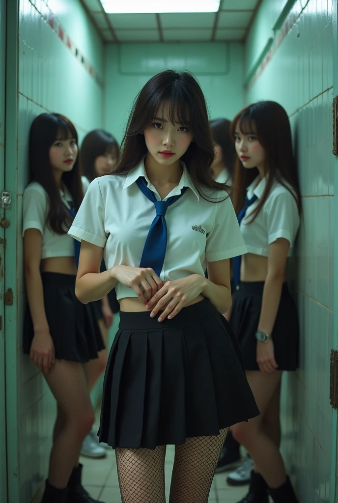 A shabby and worn-out public restroom).Korean woman.korean beauty.Korean model.South Korean girl groups. She is wearing a tight white school uniform shirt, a blue tie, a black skirt, a short tight school uniform skirt, and black fishnet stockings that reach her thighs..
(Big hearted).realistic.G-cup chest.
The pelvis is a supermodel. The shirt button is undone, revealing a black bra..(((5 girls))) Women turn around and lie face down to show their panty lines.