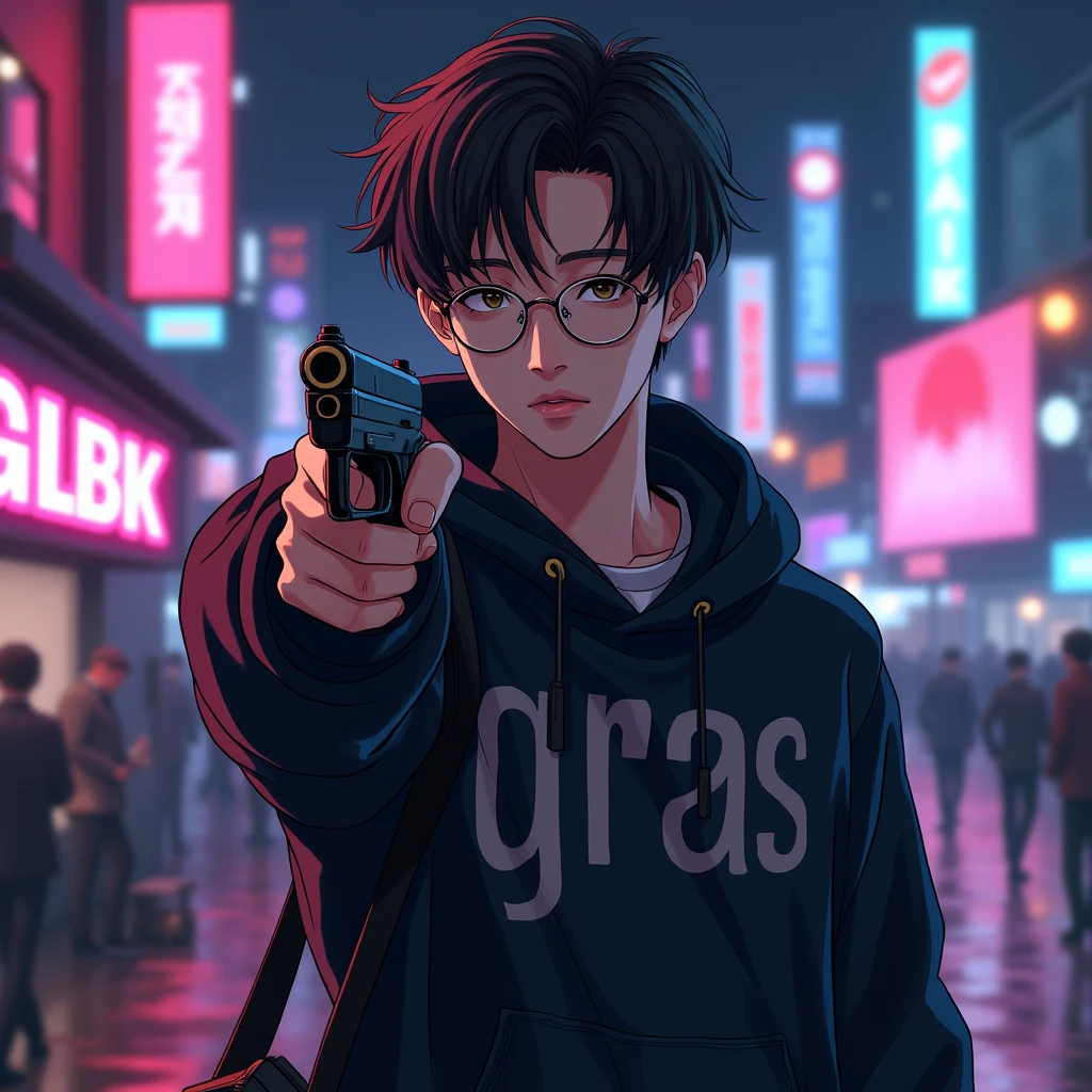 Create a character anime, {{background: text “GLBK”, night city}},
realistic, HDR, use glasses, handsome, korean style, full body, use pistol, age 20, hoodie HD text: “PRAS”