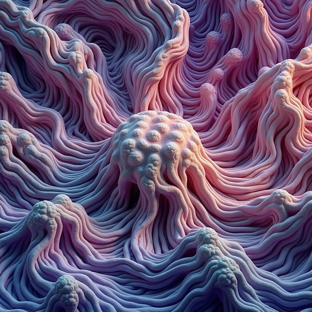 an organic and fleshy surface. ((changing, knowledge, defiance, plotting, foreseeing)),((violet,blue,purple)).((deep wiew)),photographic,ultra high resolution,hyperdetailed, masterpiece, 3d modelling, digital art, abstract art.