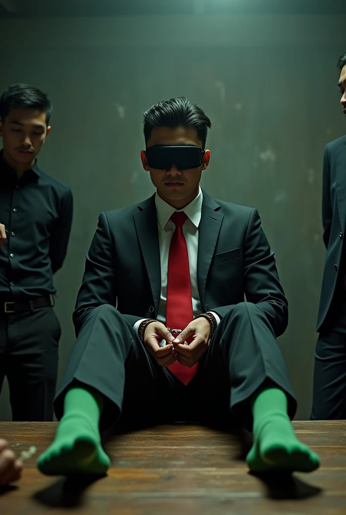 Malaysia malay handsome 23 years celebrity
His hand tied up behind with rope in warehouse
Blindfolded
Feathers
Black Suit and Red tie
feet on desk
5 toes each feet
Yellow stinky sock
Two mafia pinch thier nose