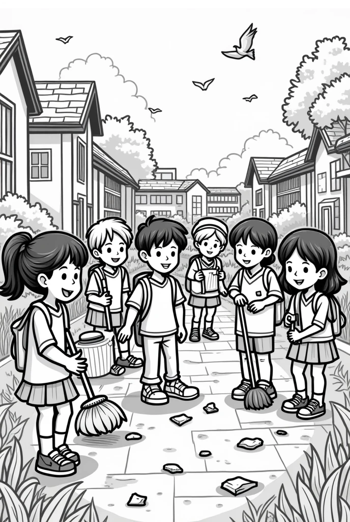 Color​ing book​ page,  children are cleaning, picking up trash, sweeping up. Some children are throwing out trash.