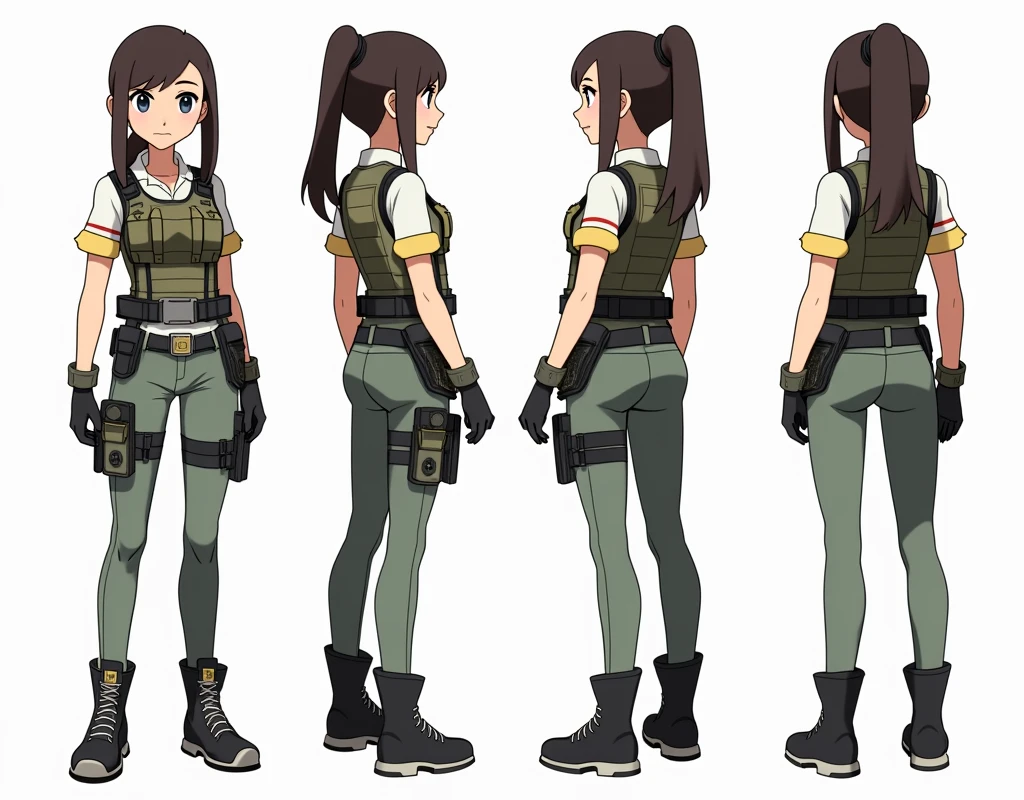 Sonia,pokemon dacter,Standing Girl, cute, 1 girl, , 4-sided design, Diagonals, front, back, profile, Head to body ratio 5, character sheet, whole body, simple background, Four perspectives, tactical gear, bulletproof vest, Good quality, high detail, researcher,Pokemon bowser,ultra detailed, masterpiece, best quality, aesthetic, detailed