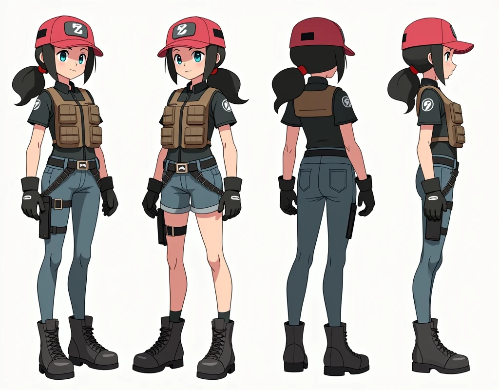 Sonia,pokemon dacter,Standing Girl, cute, 1 girl, , 4-sided design, Diagonals, front, back, profile, Head to body ratio 5, character sheet, whole body, simple background, Four perspectives, tactical gear, bulletproof vest, Good quality, high detail, researcher,Pokemon bowser,ultra detailed, masterpiece, best quality, aesthetic, detailed