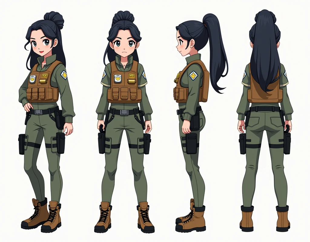 Sonia,pokemon dacter,Standing Girl, cute, 1 girl, , 4-sided design, Diagonals, front, back, profile, Head to body ratio 5, character sheet, whole body, simple background, Four perspectives, tactical gear, bulletproof vest, Good quality, high detail, researcher,Pokemon bowser,ultra detailed, masterpiece, best quality, aesthetic, detailed