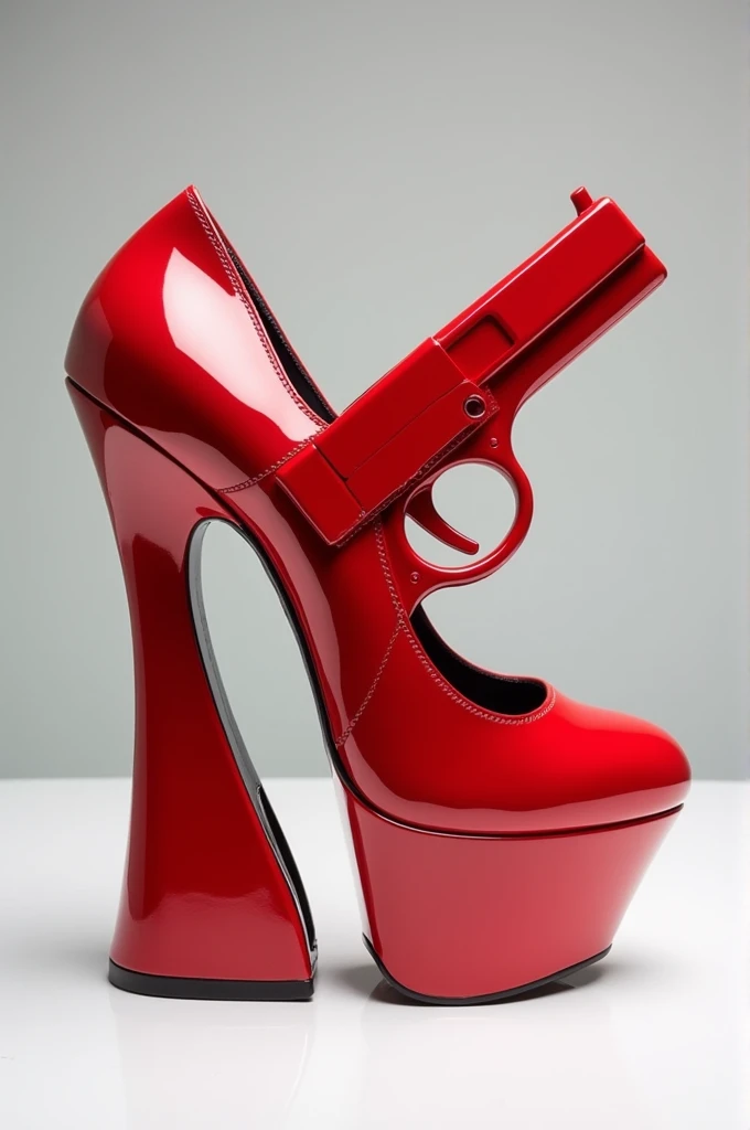 A shiny red heel in the shape of a gun