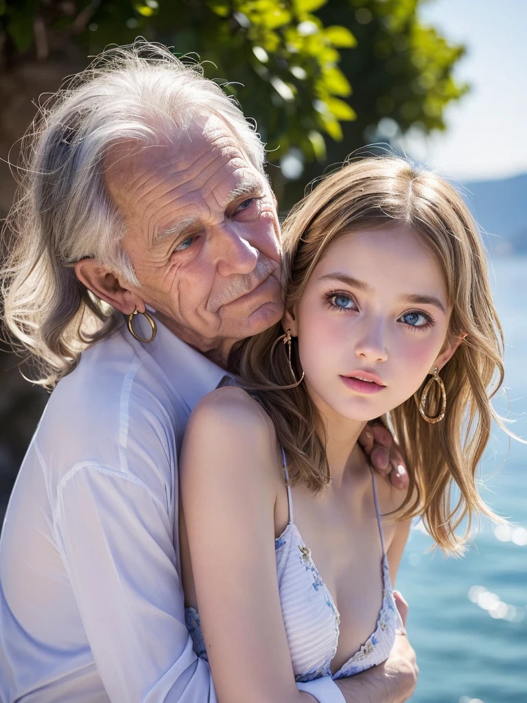 ((Highest quality)), ((masterpiece)), (High-definition photos), (1 old man, ung girl:1.4), (drill hair), (spiral curl), kissing, (long blonde), (bangs), (Beautiful young girl and her father:1.3), gal, long, Light eyeshadow, (earrings), during, (pointy breasts:1.3), covered nipples, (armpits:1.2), white dress, (snowy white skin), (Blushed:1.3), upper body, ((Embarrassing)), Half-open mouth, Shiny skin、elbow groves, wetty lips, Thin eyebrows、(Blue eyes:1.1), (old man is hugging girl from behind:1.4), Warm sunlight, A girl stands with the view of Amalfi, nsfw