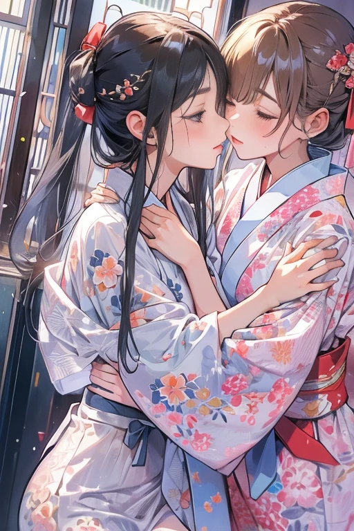 (8 (8k, Highest quality, masterpiece:1.2),cute,cute***たち,Couple girls,2 people，お腹にkissをする，mesugaki,Fantasy_world,kiss,On the futon，lie down，Yukata with a short hem，Touching each other&#39;s breasts through clothes，Beautiful thighs，Gentle caress，Heavy breathing，White liquid splashed on face，お腹にディープkiss，starry skies，night，White liquid dripping down thighs