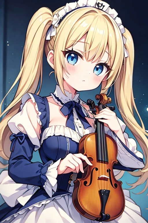 Highest quality,masterpiece,Blonde with blue eyes、****ta、violin playing,Beautiful breasts、Twin tails、Girl&#39;Violin playing,stage,