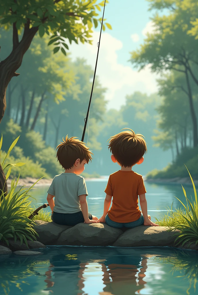 Two sleepy boy fishing, each has a fishing rod, they are on the edge of a stream.