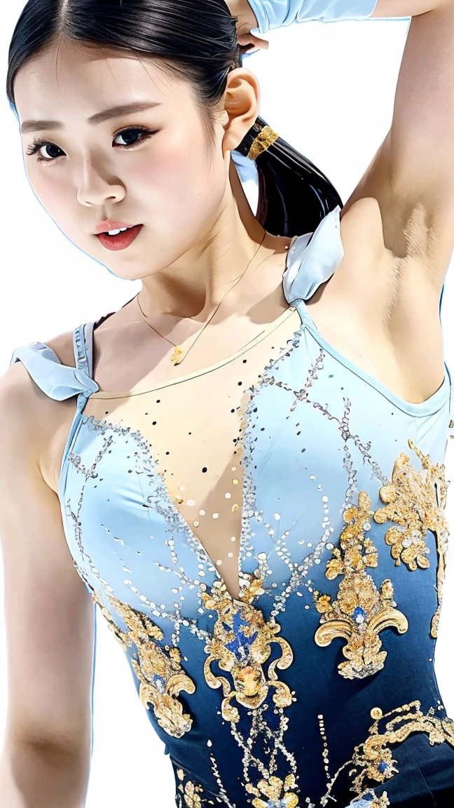 (Best quality, 8k, 32k, Masterpiece, UHD:1.2), Photo of Pretty Japanese woman, 1girl, (RAW photo), (realistic), (photorealistic:1.3), (high res), ultra detailed, Primaballerina_tutu, blue tutu, incredibly beautifull face and eyes, (loli, 17yo), small face, (gigantic breasts), cleavage, (arms up:1.2), (sweaty), forest at dawn, from below,