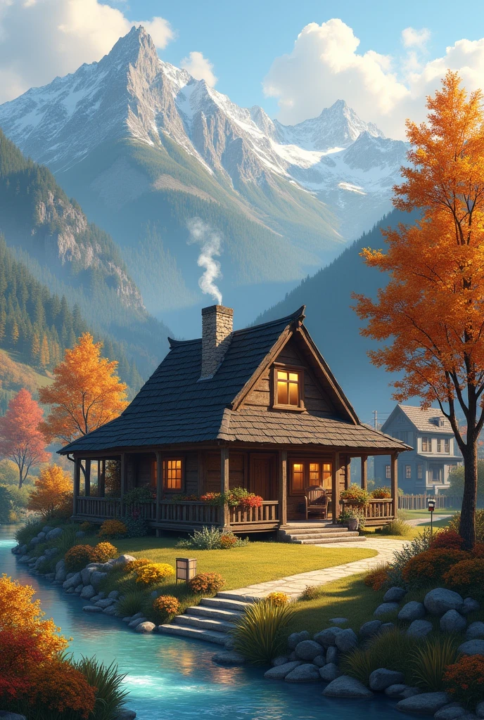 A small cozy cottage in a village near a river and mountainous area with a soft autumn color palette 