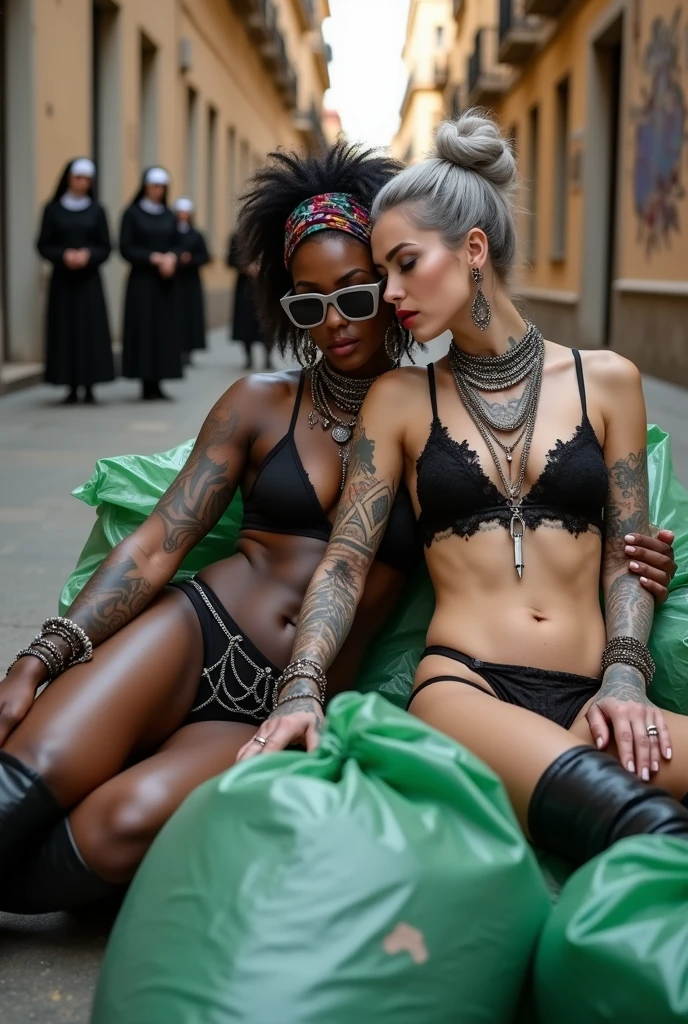 Two russian milf women: the dominant dark skinned gipsy woman with possessive stance (arm around her partner"s shoulder , leaning on her partner and the other hand on her partner's crotch) protecting the pale submissive and needy one, who is unconscious in laid back posture and looks up with open mouth with wide open legs (her hair is messy). different clothes but same rock chic style. grey hair (bouffant, top bun) and oversized square sunglasses and wide  colourful bandana as headband. Big lips.  Black lace push up bra, silicone breast,, low rise black lace thongs. Tall knee high leather boots with necklaces in ankles.. Lots of thick wide studded bracelets, chain necklaces and big rings,. Long earrings with chains and feathers. Chains around their hips. Lounging lazily on a pile dark green plastic bags. Lazy, leaning back, laid back pose, separated legs. Neck, chest, stomach, feet, hands, arms and wrists heavily tattoed.  Toned abdominals, thin neck, slim legs and thin arms. Narrow hips. Both, open legs. Full body. At a Madrid narrow street with graffitied walls, ground littered with waste . Some nuns witness the scene. Sunny day