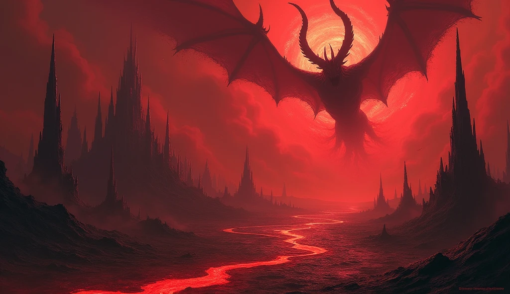 dnd, dungeons and dragons, scene, landscape, hellscape, hell, avernus, demon city, city in hell, distant demons, multiple creatures, scary, flying demons in the distance, lava, fire, trending artwork, masterpiece