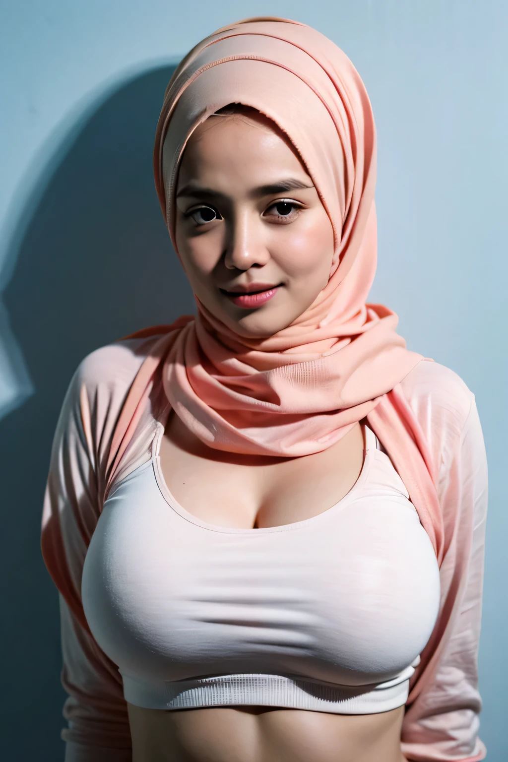 (Naked Sports Bra), Chubby adorable, 1 girl, (face to face), (()), SADNESS, half body portrait, (face details: 1), (eye details: 1), ((big breasts)). wearing transparent transparency soft soft, ((hijab)), .. Cute posed. proportional body. Ultra High Res. realistic: 1.4, UHD, 