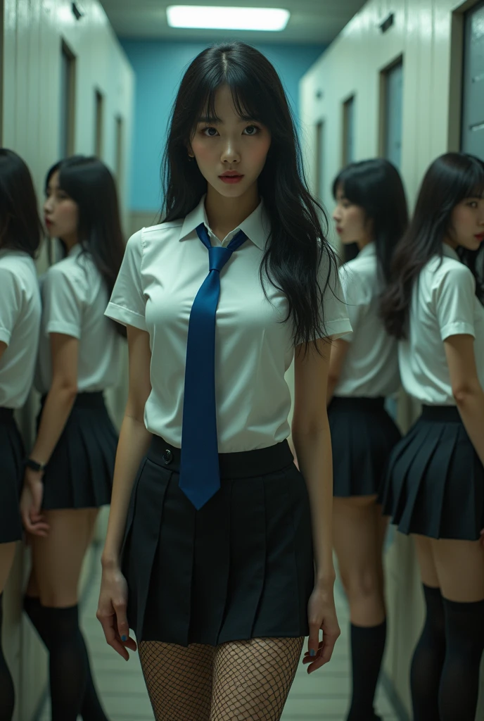 A shabby and worn-out public restroom).Korean woman.korean beauty.Korean model.South Korean girl groups. She is wearing a tight white school uniform shirt, a blue tie, a black skirt, a short tight school uniform skirt, and black fishnet stockings that reach her thighs..
(Big hearted).realistic.G-cup chest.
The pelvis is a supermodel. The shirt button is undone, revealing a black bra..(((5 girls))) Women turn around and lie down to show their skirts.