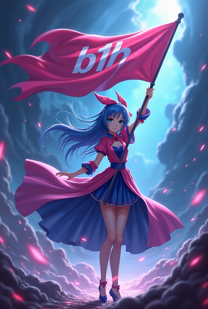 a yu gi oh dark magician girl with a flag , inside the flag contain the word "B1h"