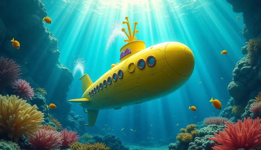 (Underwater photography:1.4) of a bright yellow submarine, (reminiscent of the Beatles' iconic vessel:1.3), submerged in clear blue ocean waters, (bubbles trailing from propellers:1.2), surrounded by colorful tropical fish and coral reefs, full body framing of the submarine, in a vibrant undersea setting with shafts of sunlight penetrating the water, (diffused aquatic lighting:1.3), shot from a slight low angle, captured on a high-end underwater camera system, (color saturation boost:1.2), (slight fisheye lens effect:1.2), (light caustics on submarine's surface:1.3), in the style of (David Doubilet:1.3) meets (Wes Anderson's color palette:1.2)