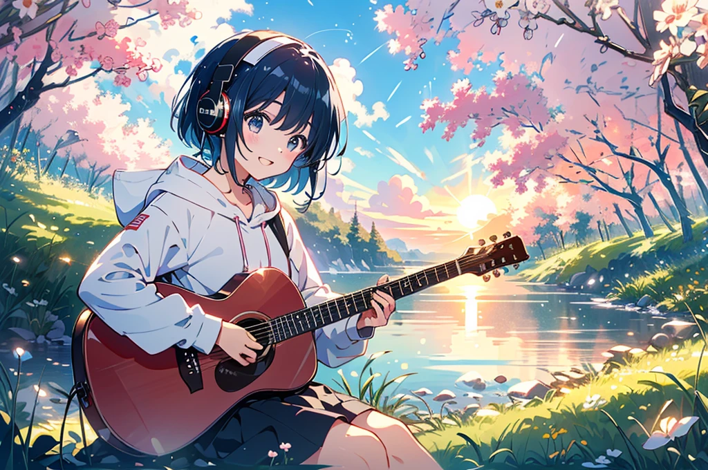 Absurd, High resolution, relax time, Fantastical light particles, Lens flare,A big smile、Blue Hair、(Red headphones:1.4)、(White hoodie:1.2)、A girl is sitting and playing the guitar、(Wide angle of view:1.2)、(Shooting from a distance:1.2)、The river bank where the setting sun shines、Cherry tree