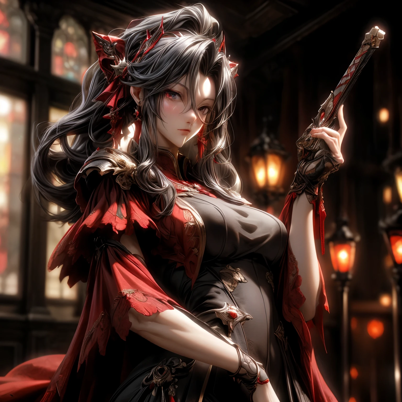 (best quality)), ((Masterpiece)), (details:1.4), 3d, HDR (high dynamic range), an image of a beautiful cyberpunk female, Cyberpunk, Fantasy, Ash gray hair, Long hair, Beautiful Red eyes, จมูกโด่ง, ปากแดง, หน้าอกใหญ่, nvidia RTX, PBR surface, After processing, Anisotropic filtration,depth of field, Maximum clarity and clarity, multi-layered surface, Subsurface scattering, perfect proportions, 8K raw files, ultra detailed, Perfect proportions, volumetric lighting, soft lighting, Holy Paladin, Heavy Red Armor, Red dress, glossy skin, intricate Red embroidery, Tower background, jewely, ต่างหู, นิ้วมือสมบูรณ์,