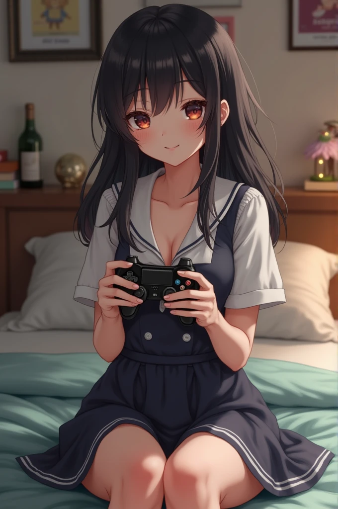 Girl in Japanese school uniform, short slatted dress, plunging neckline holding a video game controller in her bedroom 