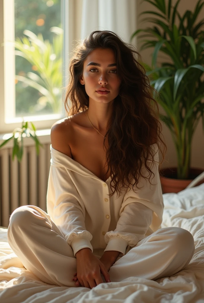 (photorealism:1.2), beautiful woman, sitting on bed, wearing loose off-shoulder top, pajama pants, long curly hair, indoors, soft lighting, plants in background, window with sunlight, cozy room, relaxed pose, realistic, intricate details, warm colors, by Greg Rutkowski, by Alphonse Mucha