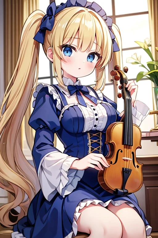 Highest quality,masterpiece,Blonde with blue eyes、****ta、violin playing,Beautiful breasts、Twin tails、Girl&#39;Violin playing,stage,