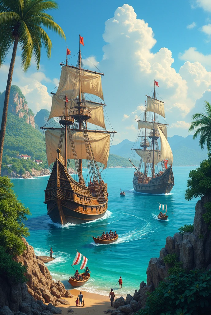 Make a poster of the arrival of Dutch and Portuguese ships when they enter Indonesian waters.