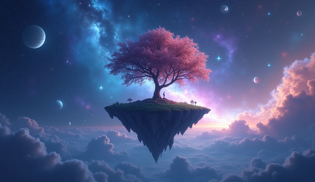 A surreal outer space scene with multiple planets, colorful nebulas, and stars in the sky. A floating island with a tree on it, surrounded by an ocean of stars. The colors should be vibrant, with a mix of blues, purples, and pinks, evoking a dreamy and otherworldly feeling.