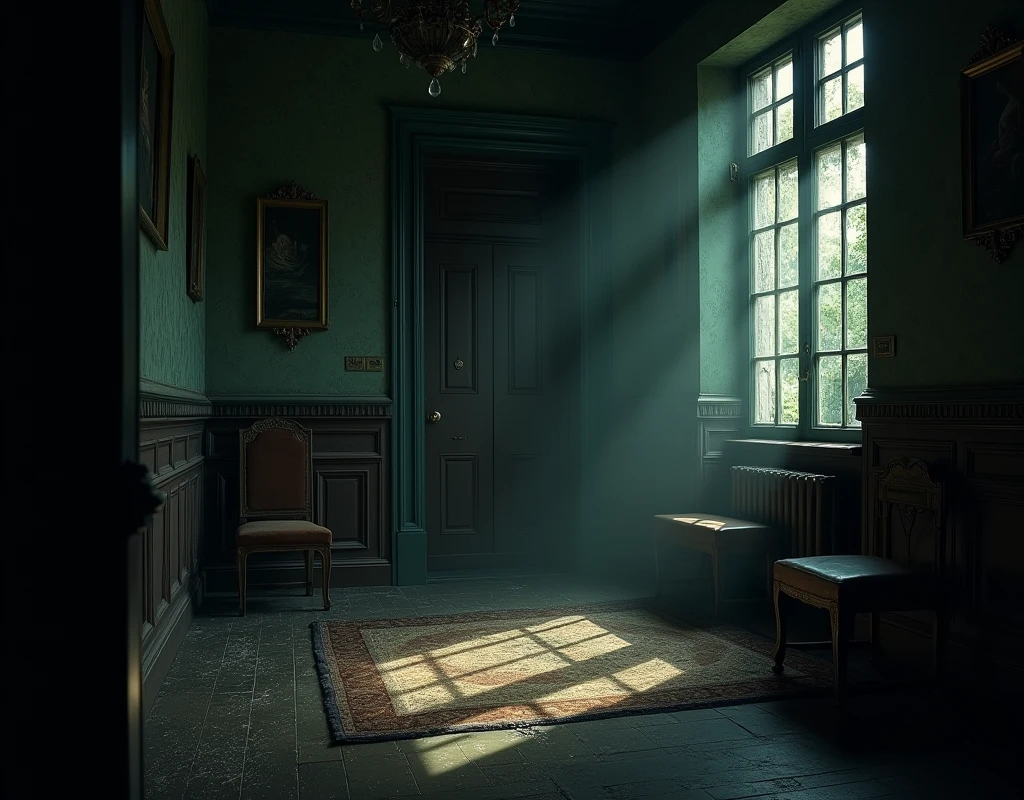 dark antique room with far away closed door