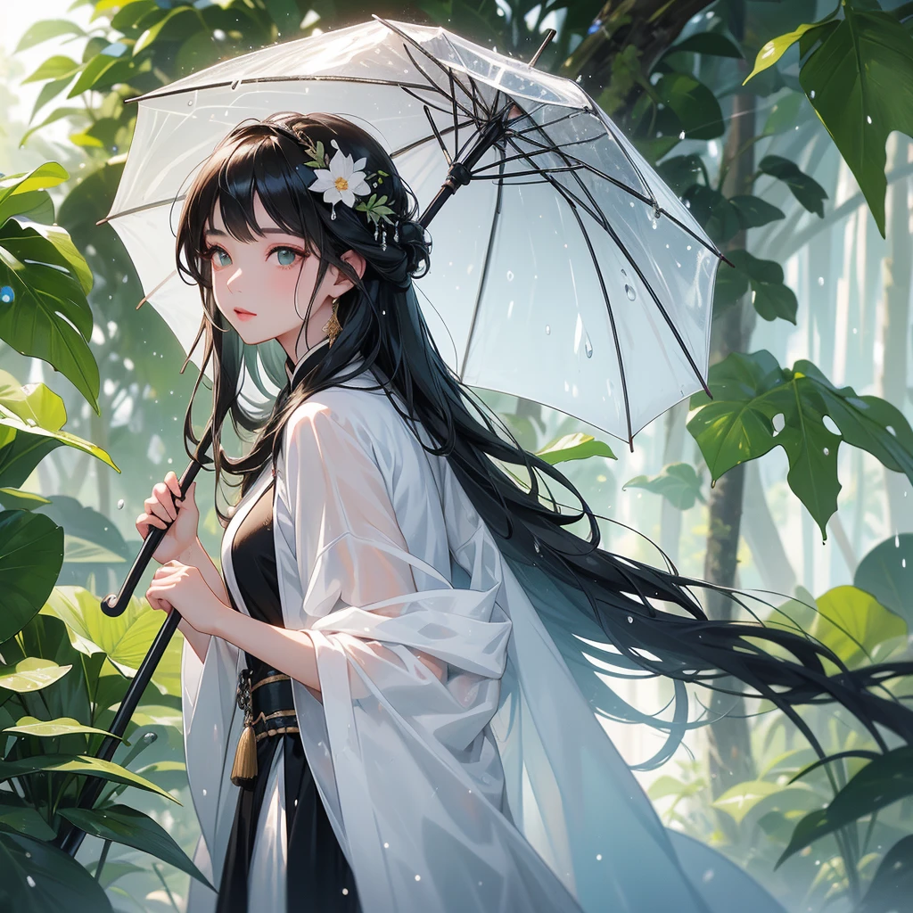 A beautiful girl with black long hair, wear white-black ancient chinese clothes, with the sun shining on her face, close up.

Stand holding an umbrella to protect from the rain. Rain fell and splashed around. There are water droplets falling on the leaves in the surrounding area, green and moist, the atmosphere after rain.