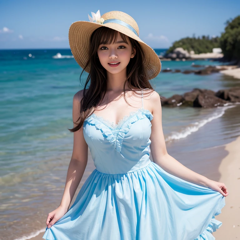 laughing out loud,(knee shot), 1 girl, light brown hair, blunt bangs, hair behind ears, Hair over the shoulders, long hair, Slender body type, Super thin face, face slimming, delicate lips, beautiful eyes, Thin blush, Eyes are light brown,Check it out here, (realistic:1.3), 8k, , Super detailed, high quality, best quality, High resolution, (Full breasts), 3, , (gauze skirt), (Tutu), wearing a light blue dress, Cute and elegant pose, (((Gauze puffy dress))), gauze skirt, five layer gauze skirt, There is petticoat inside the skirt,The dress is made of chiffon,Soft and fluffy dress, elegant, (Stand on the beach), wearing a straw hat, light blue dress,long skirt. hand on hat, chiffon dress