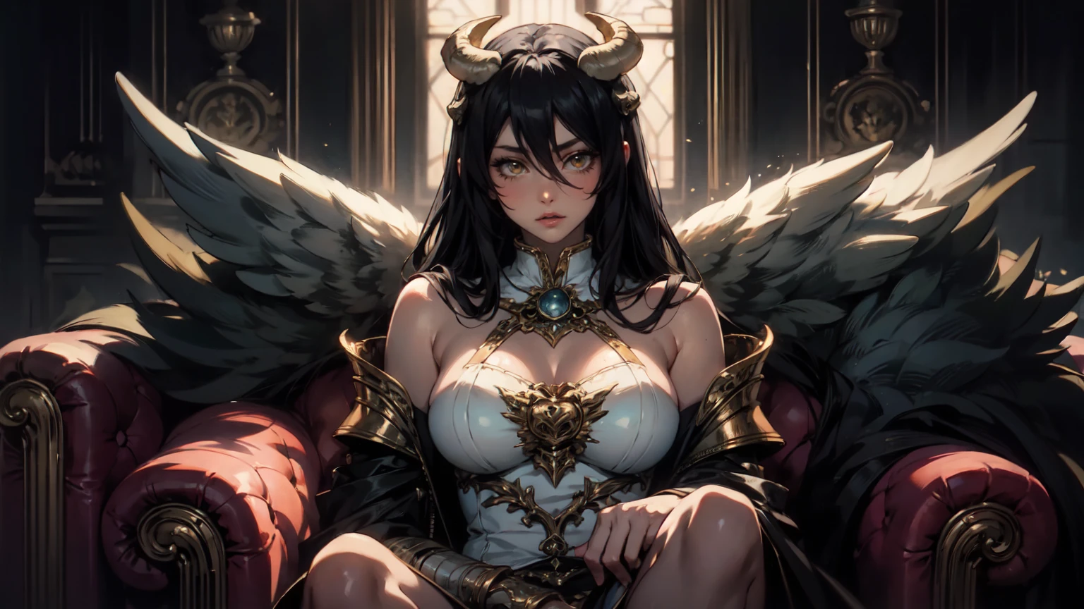 Anime pastel art .ALBEDO waifu aesthetic. Albedo is sitting on a gorgeous couch. Perfectly beautiful detailed face, sculpted and proportioned body in a beautiful pose, high detail. Portrait style concept art.Large black wings folded. dark tones. （archers）Soul card.cinematic lighting, Volumetric lighting