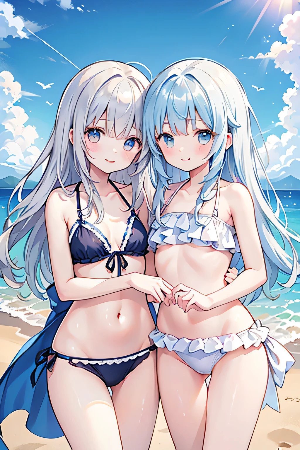 Highest quality、high resolution、Two Girls、Short、Embrace each other、Swimsuit、Seaside、Sandy Beach、Blue sky、Medium chest、Gray Hair、Medium-long hair