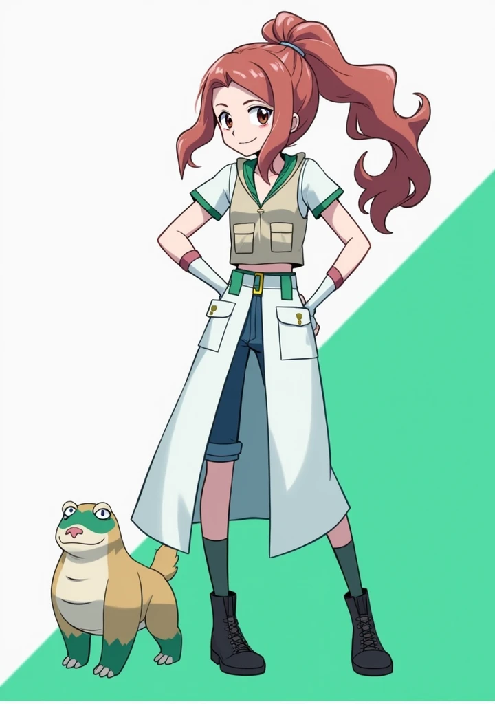 Sonia,pokemon dacter,Standing Girl, cute, 1 girl, , 4-sided design, Diagonals, front, back, profile, Head to body ratio 5, character sheet, whole body, simple background, Four perspectives, tactical gear, bulletproof vest, Good quality, high detail, researcher,Pokemon bowser,ultra detailed, masterpiece, best quality, aesthetic, detailed