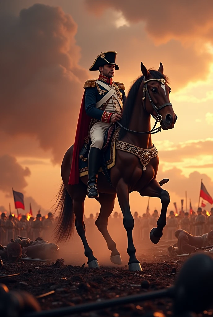 (photorealism:1.2), Napoleon on horseback on bloody battlefield, twilight, emperor greatness