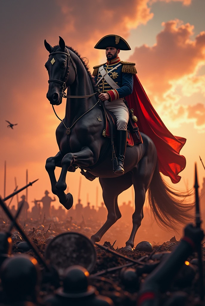 (photorealism:1.2), Napoleon on horseback on bloody battlefield, twilight, emperor greatness