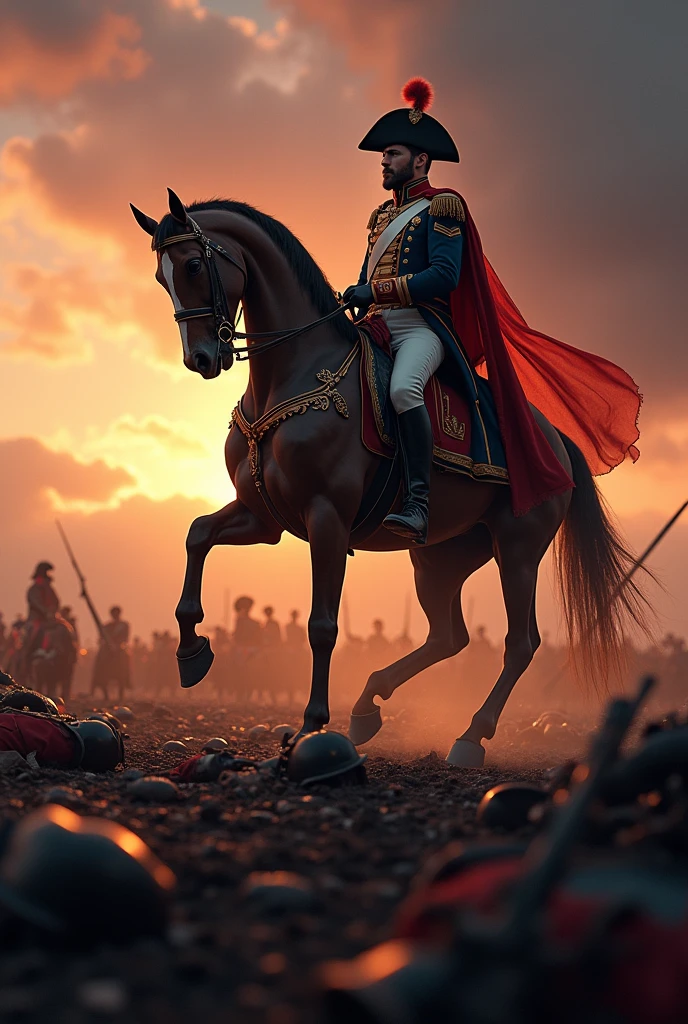 (photorealism:1.2), Napoleon on horseback on bloody battlefield, twilight, emperor greatness