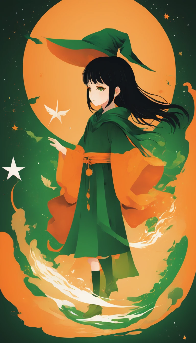 anime style illustration of a Child, in the style of witchcraft and fantasy, with vibrant colors, orange and green