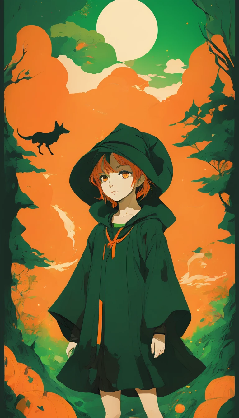anime style illustration of a Child, in the style of witchcraft and fantasy, with vibrant colors, orange and green