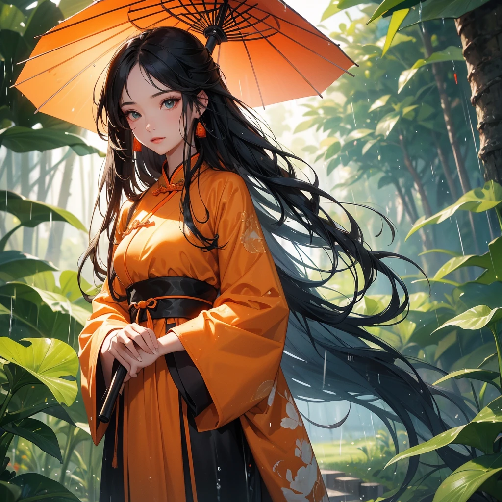 A beautiful girl with black long hair, wear orange-black ancient chinese clothes, with the sun shining on her face, close up.

Stand holding an umbrella to protect from the rain. Rain fell and splashed around. There are water droplets falling on the leaves in the surrounding area, green and moist, the atmosphere after rain.