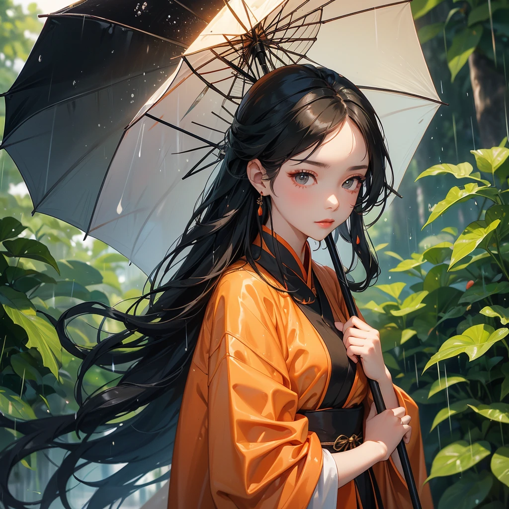 A beautiful girl with black long hair, wear orange-black ancient chinese clothes, with the sun shining on her face, close up.
Stand holding an umbrella to protect from the rain. Rain fell and splashed around. There are water droplets falling on the leaves in the surrounding area, green and moist, the atmosphere after rain.