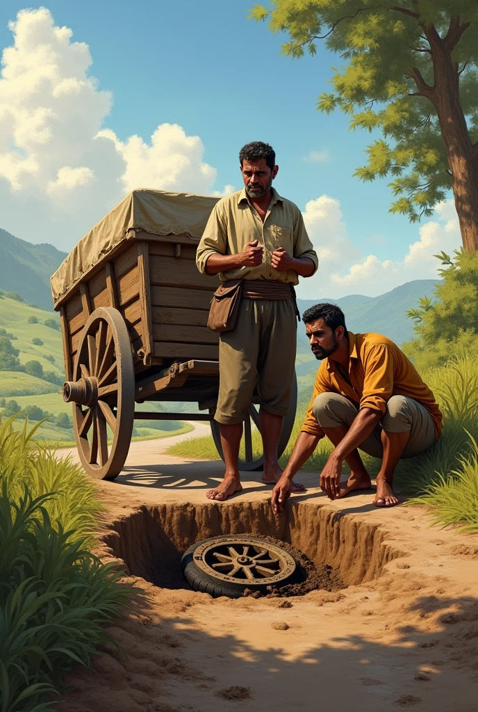 The cart stuck in a deep rut, with Raju looking frustrated and Kishan bending down to inspect the wheel.