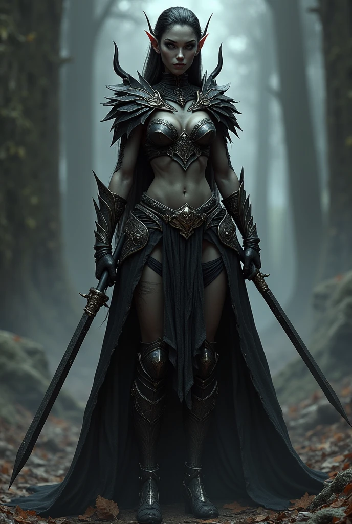A perfect toned bodybuilder fit beautiful elf girl  thin sharp nose fully armed heavyly armed full dress  dark elf rpg
