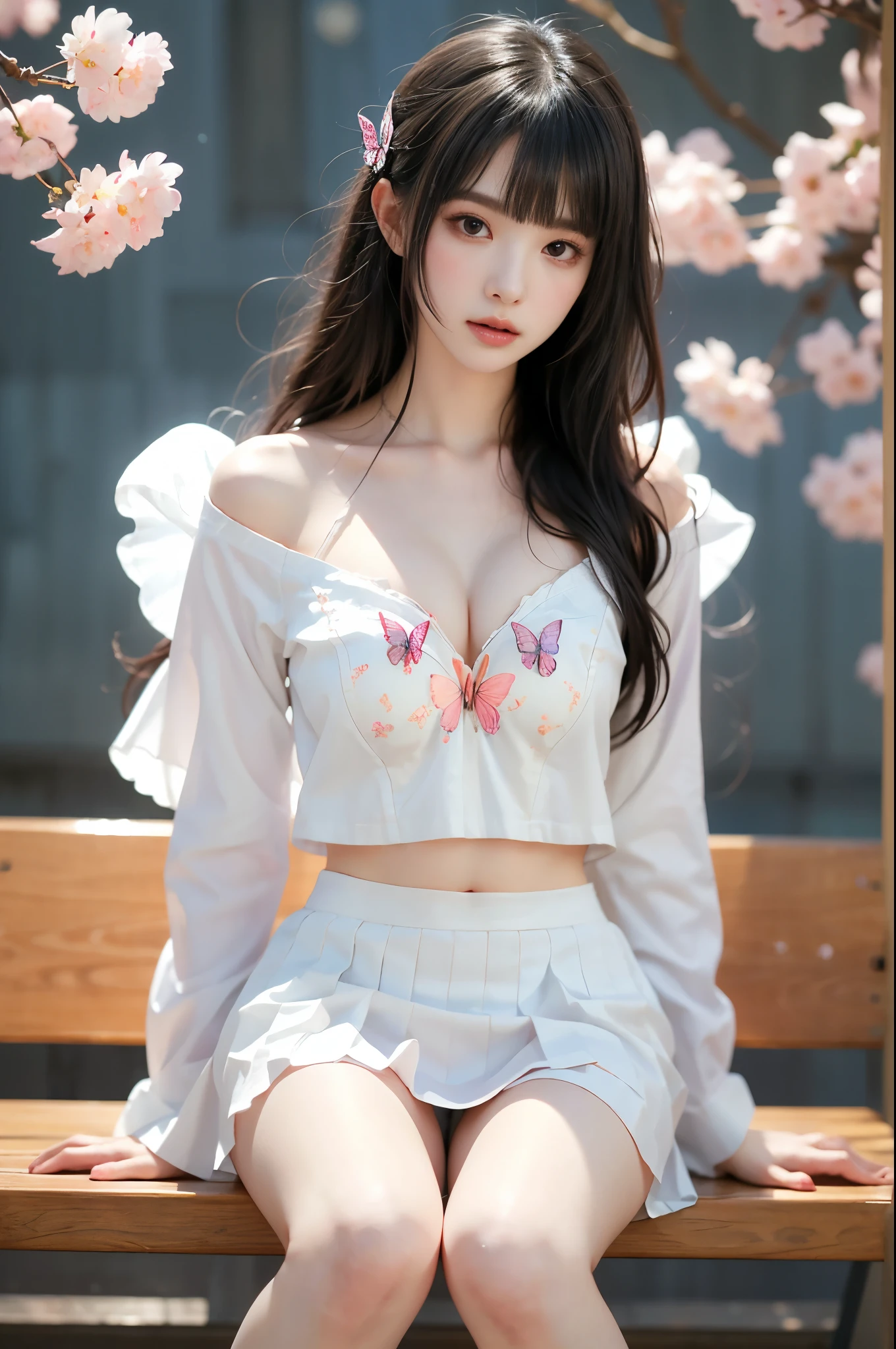 Beautiful dance pose, She gently lifted her skirt with one hand,头发周围有白色的Butterfly兰,Lilac dendrobium、White Lily, Long legs , Deep in Wonderland, ((Flowing long hair))Official Art , Unity8k Wallpaper , Extremely detailed , Visible cleavage, Pretty and beautiful , 性感Long legs, masterpiece , best quality ,Practical, Very detailed illustrations ,Extremely detailed , Intricate details , Extremely complex and detailed , Very detailed 8KCG wallpaper , Caustics .reflection , Ray Tracing , Devil theme ,nebula ,Dark aura, Network Effects , (1 girl)solitary , 小蓝Butterfly , (Blue plasma flame , (insect , Butterfly)) Pastel tones in Rococo style ,Light white and light dark red , Incredibly beautiful , Cherry blossoms , Surrealism ,painting , Ethereal , Mixing reality and fantasy elements ,Ray Tracing , Complex Mode , Exquisite lines , Perfect your hands, Starry Sky , Colorful , Star