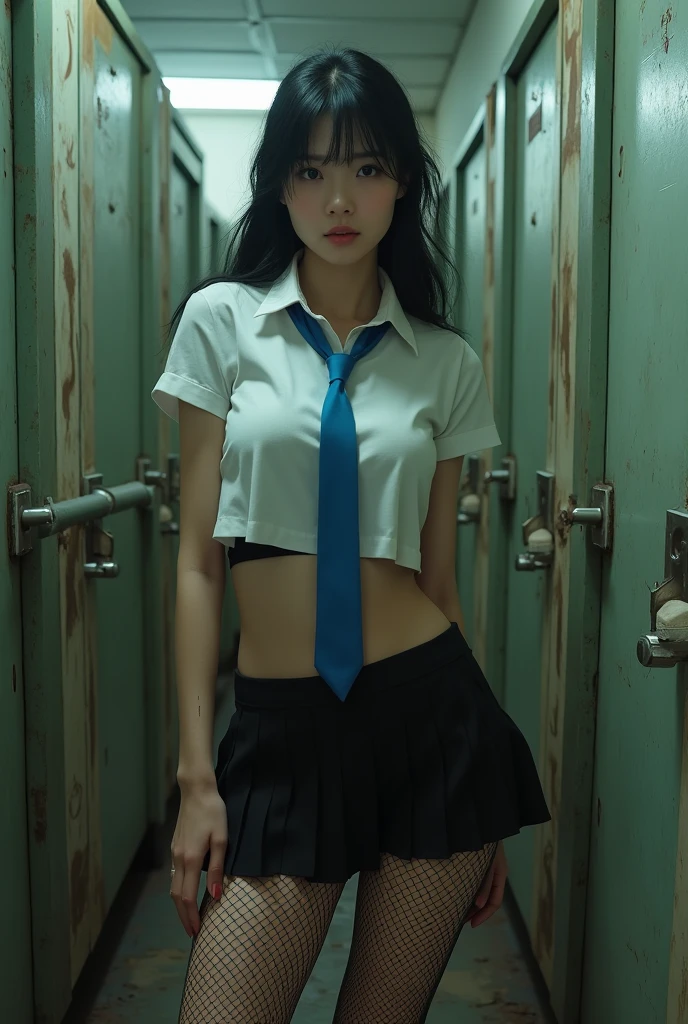 A shabby and worn-out public restroom).Korean woman.korean beauty.Korean model.South Korean girl groups. She is wearing a tight white school uniform shirt, a blue tie, a black skirt, a short tight school uniform skirt, and black fishnet stockings that reach her thighs..
(Big hearted).realistic.G-cup chest.
The pelvis is a supermodel. The shirt button is undone, revealing a black bra..(((5 girls))) Women turn around and lie down to show their skirts.