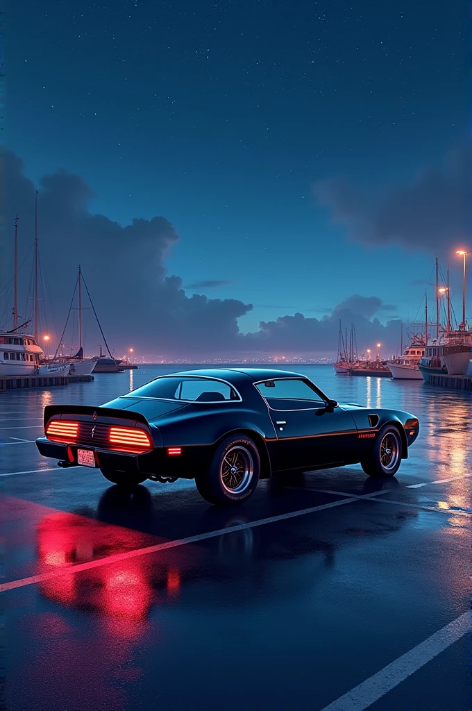 A precisely drawn animation-style image. Set in a nighttime harbor, featuring a vibrant night view and a calm sea. A beautiful starry sky spreads overhead, with the wet pavement reflecting light after the rain. A glossy black Firebird Trans Am is quietly parked in the pier parking lot, its tail lights glowing softly. The car body is intricately detailed, and the overall composition is depicted in high-quality 8K resolution.