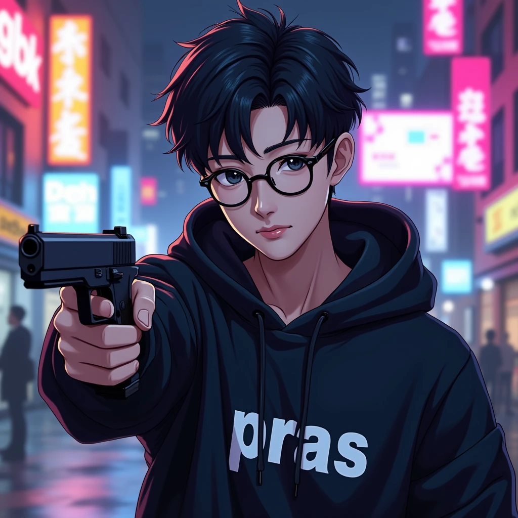 Create a character anime, {{background: text “GLBK”, night city}},
realistic, HDR, use glasses, handsome, korean style, full body, use pistol, age 20, hoodie HD text: “PRAS”
